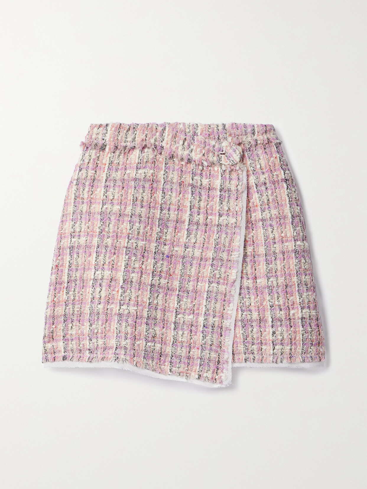 Loveshackfancy Royve Georgette-trimmed Metallic Wool-blend Tweed Mini Wrap Skirt In Pink