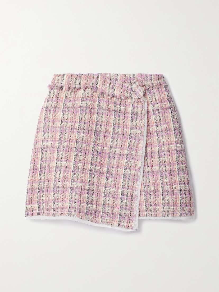 LoveShackFancy Royce Georgette-trimmed Metallic Wool-blend Tweed Mini Wrap Skirt