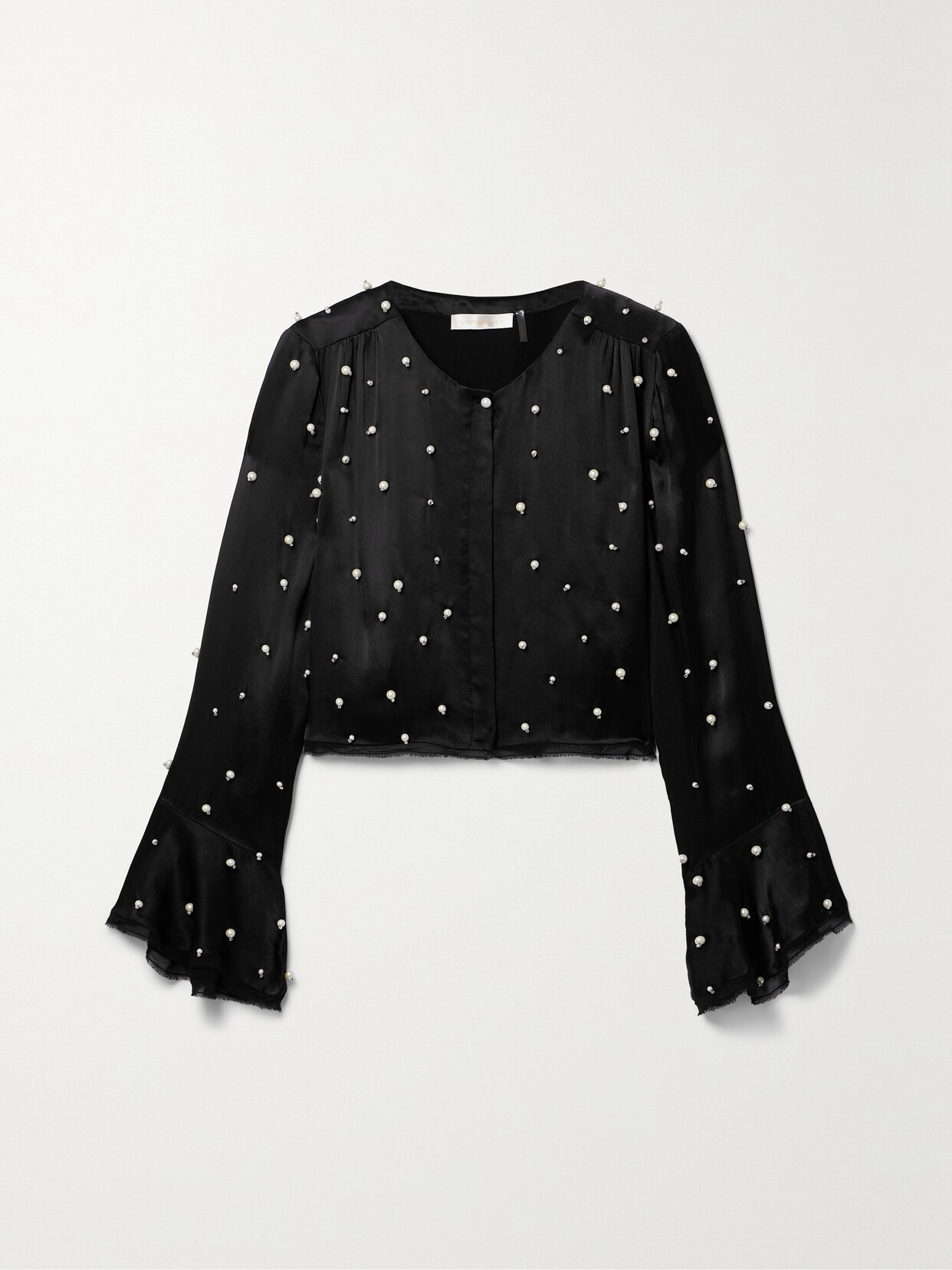 Loveshackfancy Lyndon Faux-pearl Long-sleeve Satin Crop Top In Black