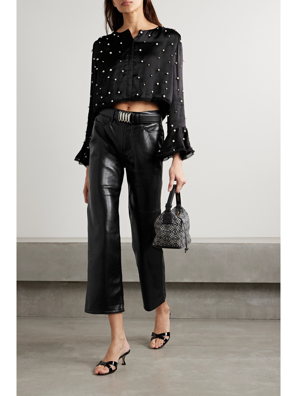 Shop Loveshackfancy Lyndon Chiffon-trimmed Embellished Satin-twill Blouse In Black