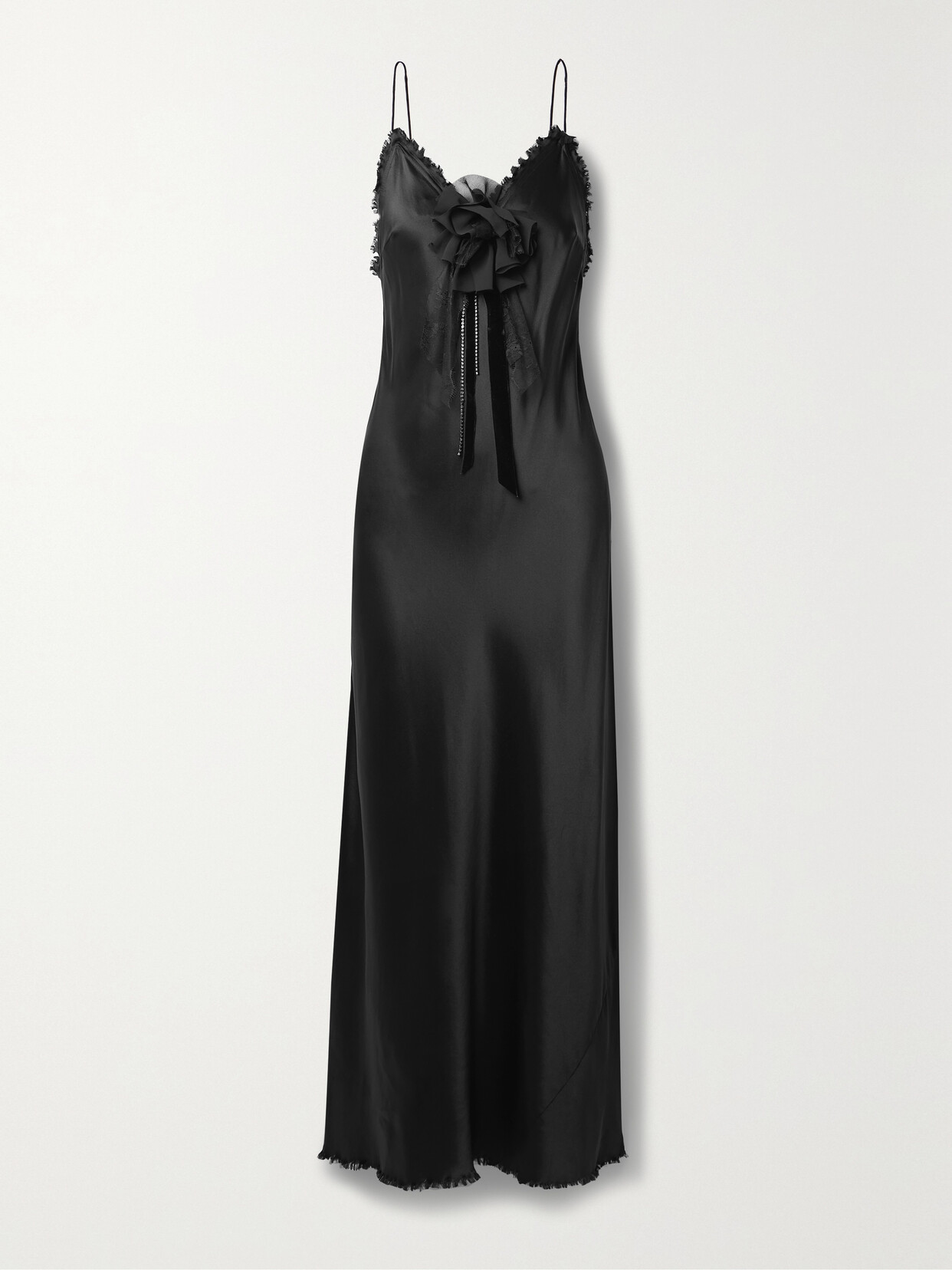 LoveShackFancy Elizabella Frayed Embellished Silk-satin Maxi Dress - Black