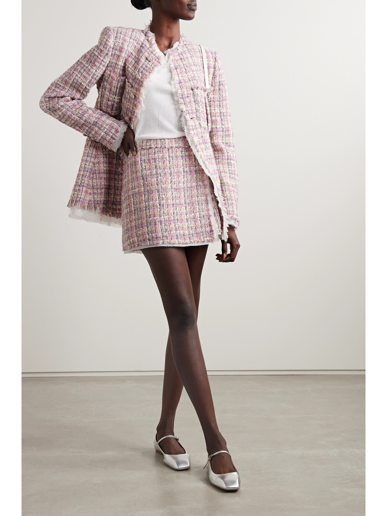 Shop Loveshackfancy Fraser Georgette-trimmed Metallic Wool-blend Tweed Jacket In Pink