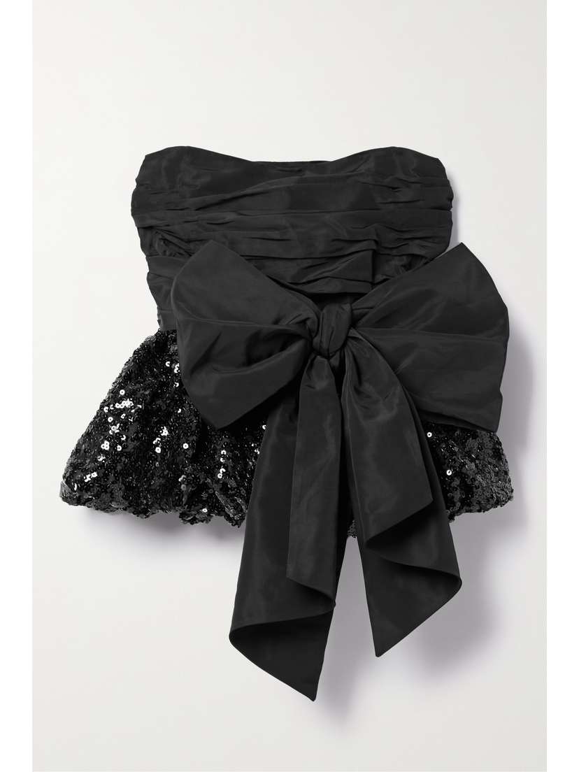 LoveShackFancy Jardena Bow-embellished Ruched Taffeta And Sequined Crepe Top