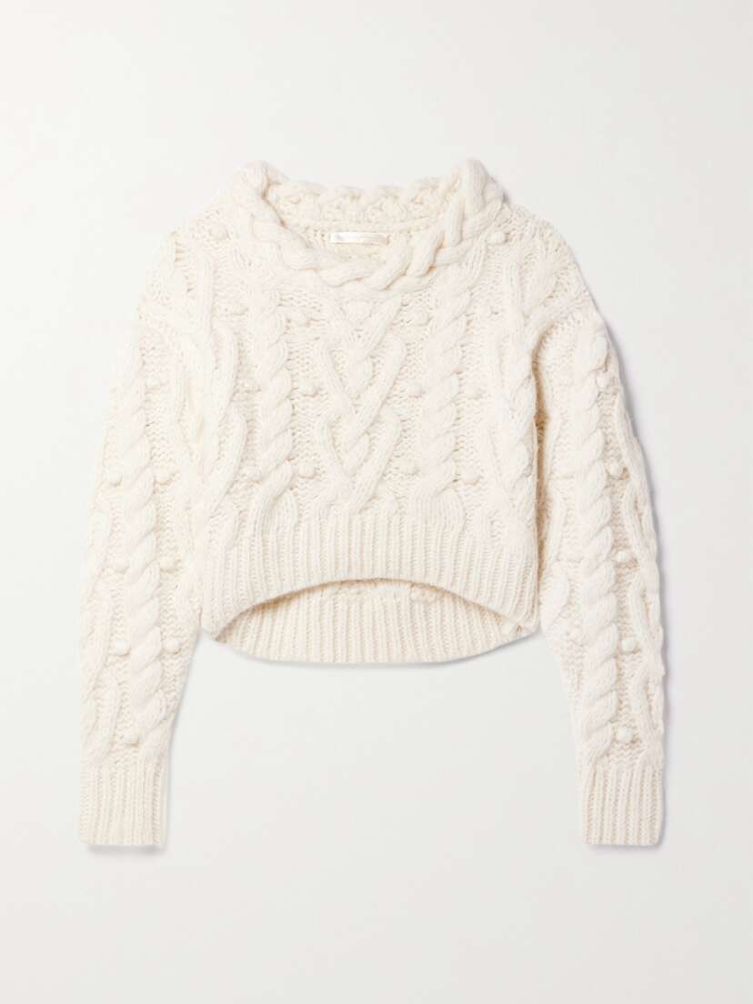 LoveShackFancy Galiona Cropped Pompom-embellished Cable-knit Alpaca-blend Sweater - x large