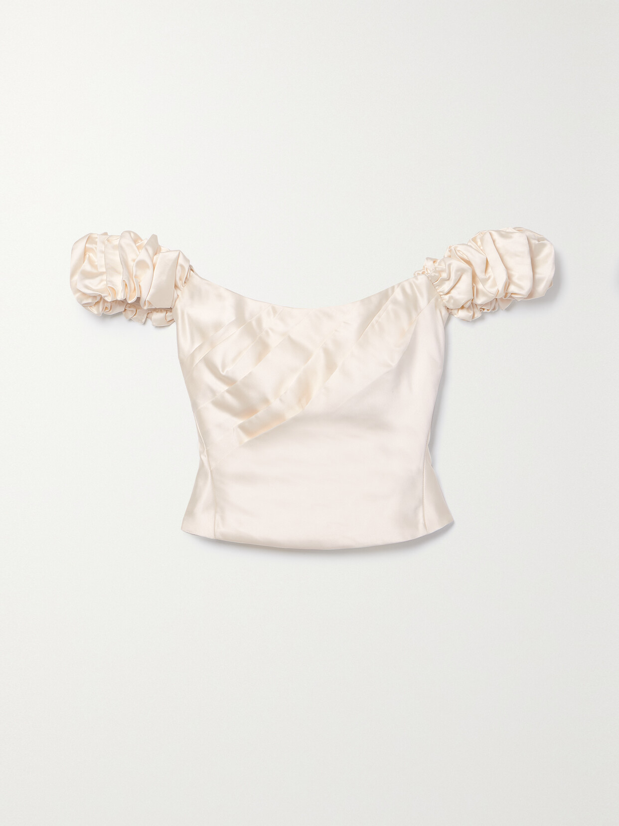 LoveShackFancy Ileana Off-the-shoulder Cropped Pleated Satin Top - Cream