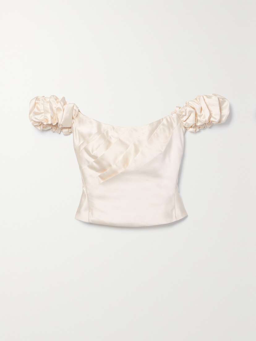 LoveShackFancy Ileana Off-the-shoulder Cropped Pleated Satin Top