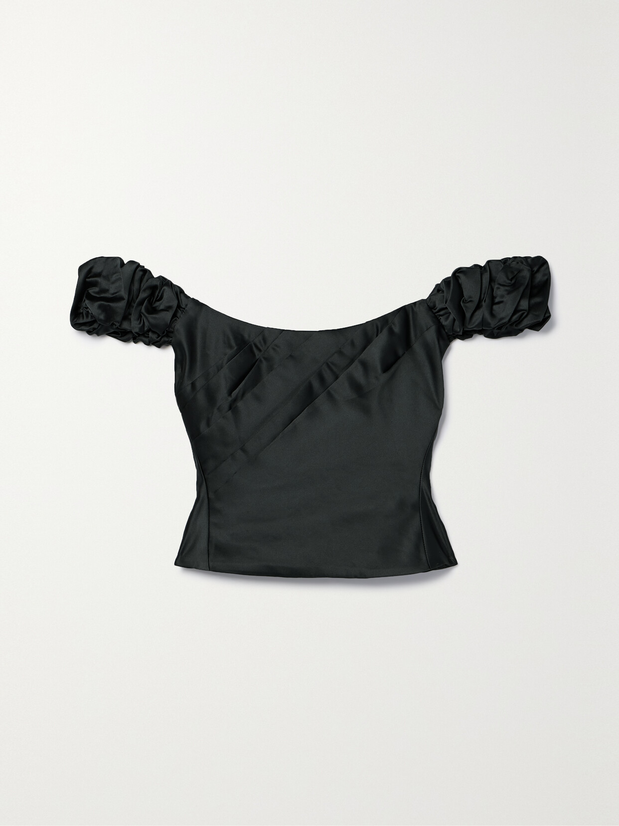 Shop Loveshackfancy Ileana Off-the-shoulder Cropped Pleated Satin Top In Black