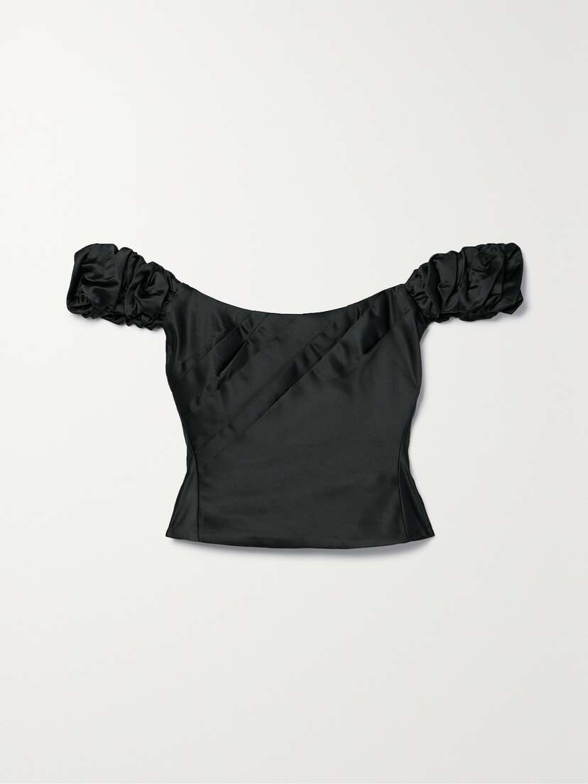 LoveShackFancy Ileana Off-the-shoulder Cropped Pleated Satin Top