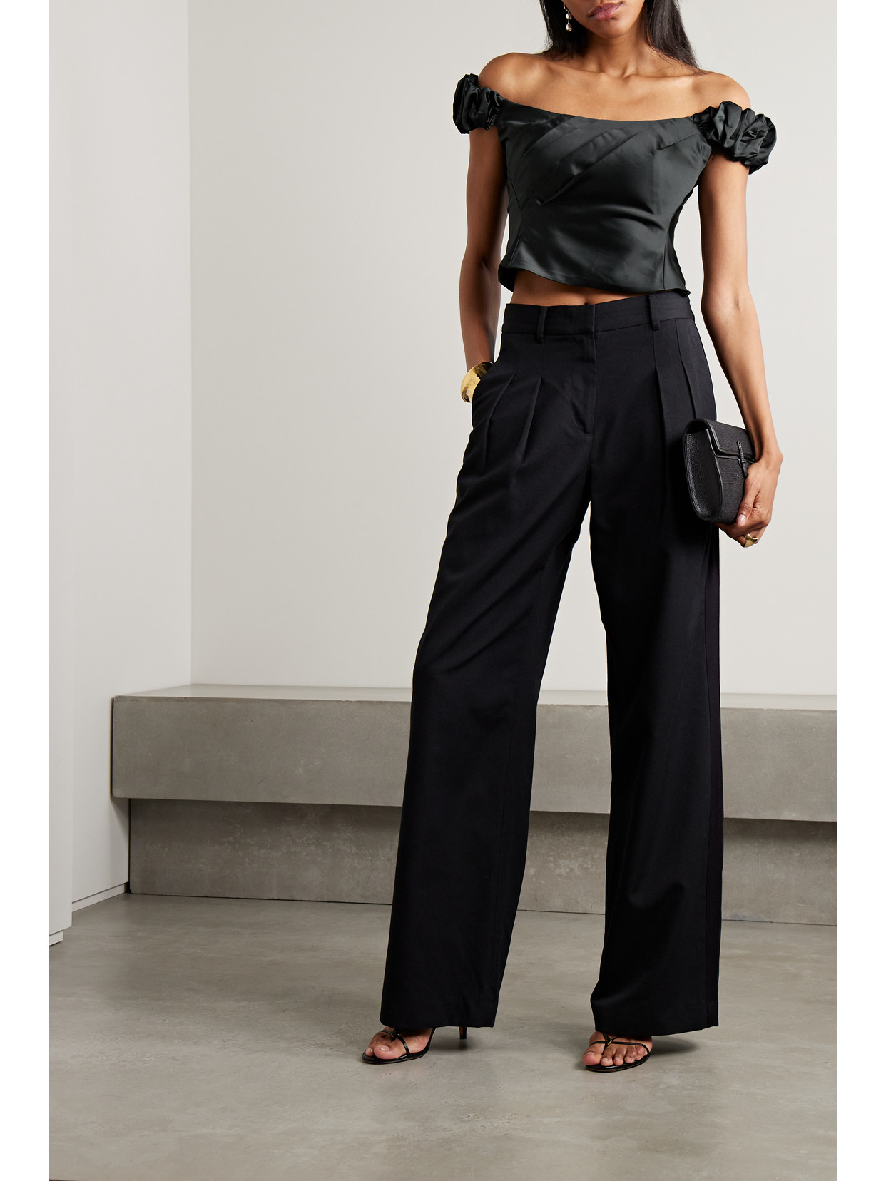 Loveshackfancy Ileana Off-the-shoulder Puff-sleeve Satin Crop Top In Black