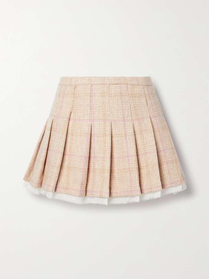LoveShackFancy Rooney Pleated Chiffon-trimmed Checked Wool Mini Skirt