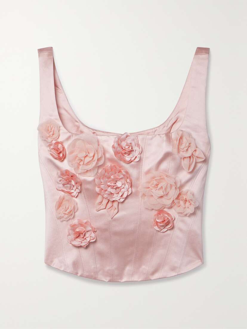 LoveShackFancy Lorelai Cropped Appliquéd Satin Bustier Top