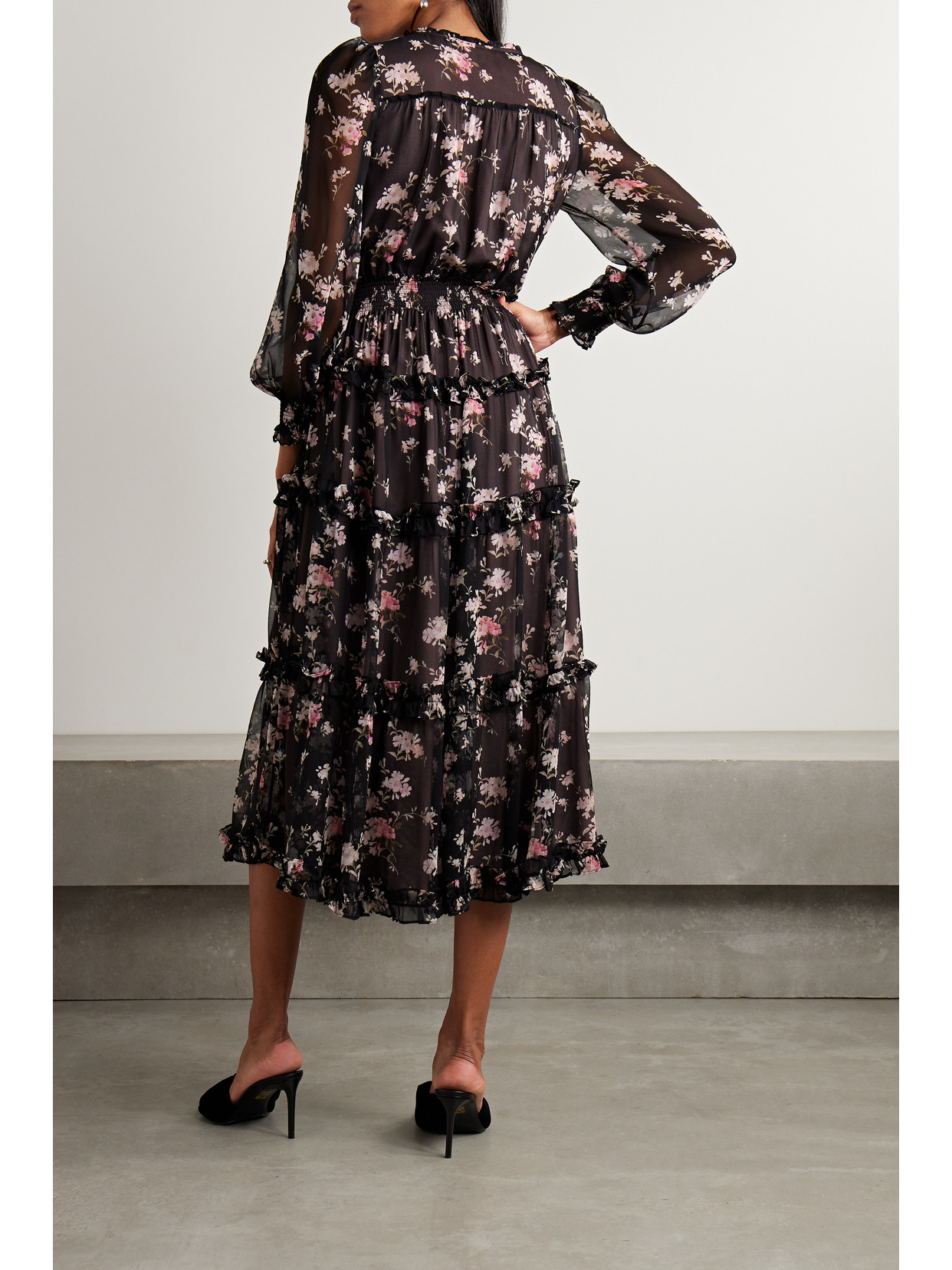 Shop Loveshackfancy Kailo Wrap-effect Floral-print Silk-chiffon Midi Dress In Black