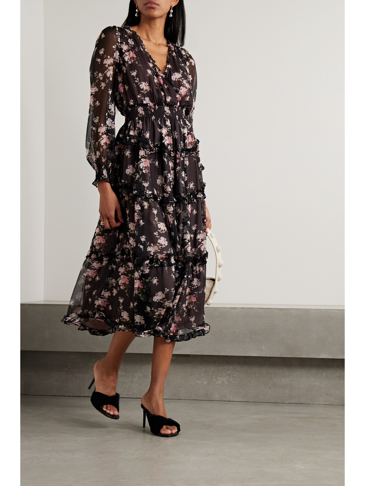 Shop Loveshackfancy Kailo Wrap-effect Floral-print Silk-chiffon Midi Dress In Black