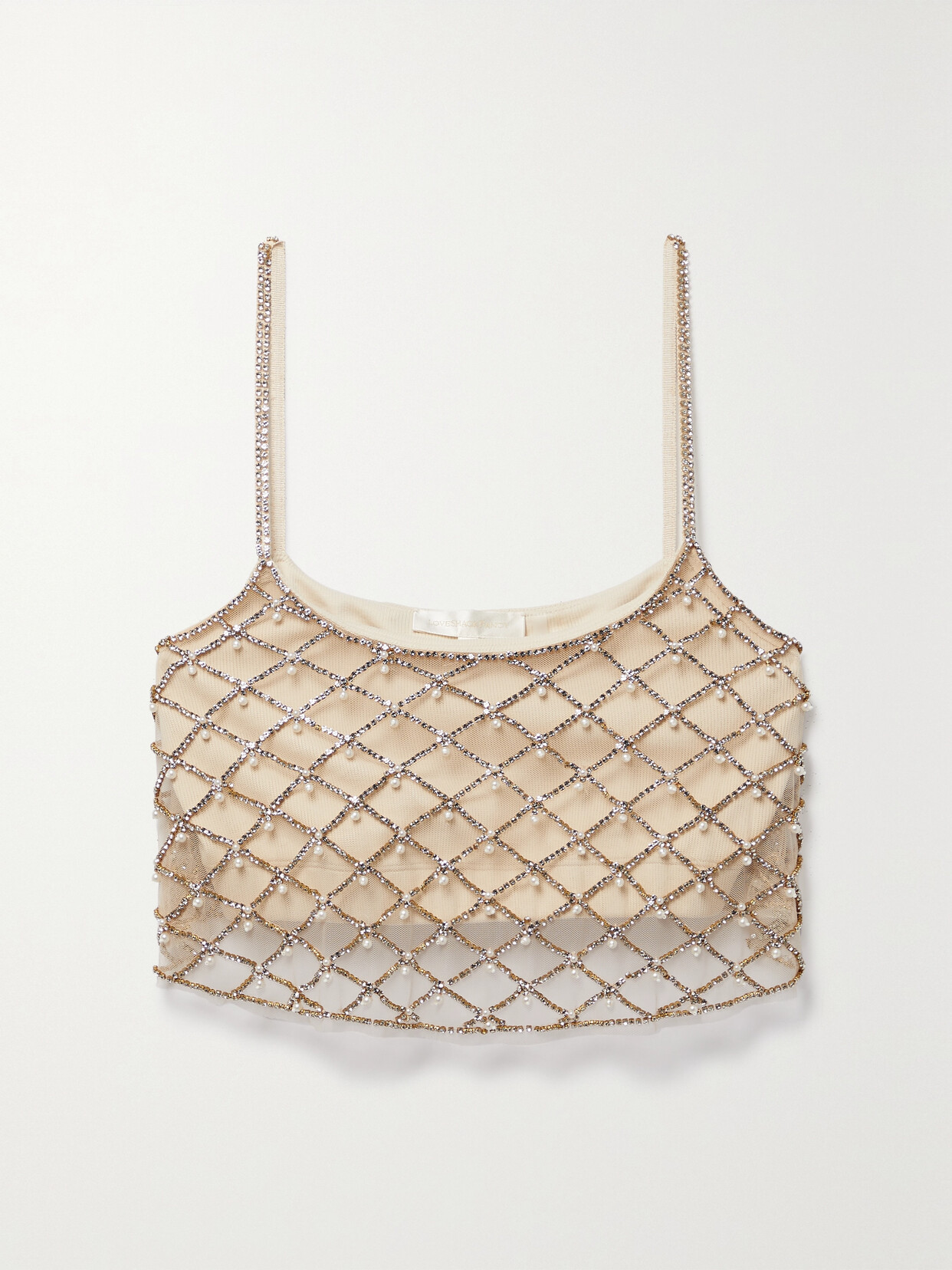 LoveShackFancy - Marcia Cropped Layered Embellished Tulle And Ribbed Jersey Top - Neutrals