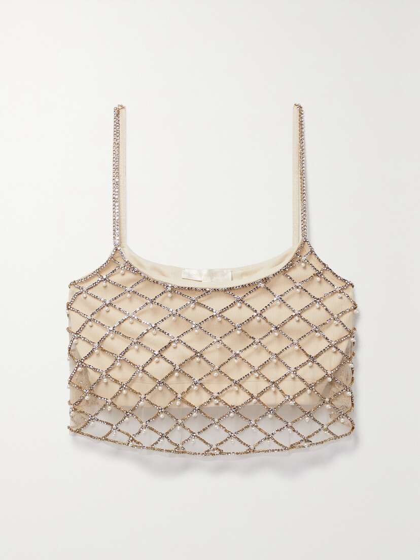 LoveShackFancy Marcia Cropped Layered Embellished Tulle And Ribbed Jersey Top - x large