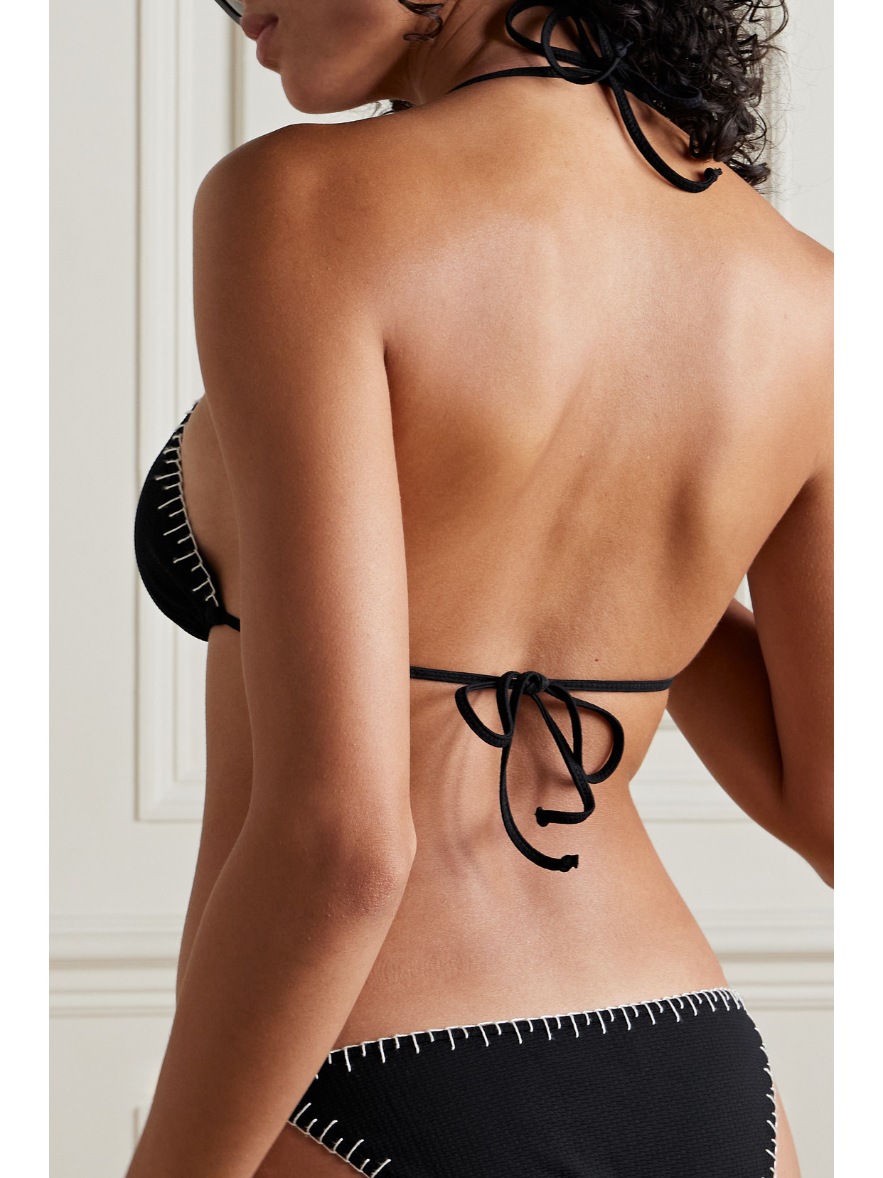 Marysia Sole Embroidered Seersucker Triangle Halterneck Bikini Top In Black