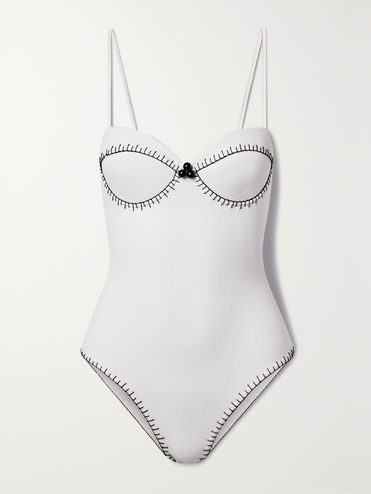 Marysia Salento Embellished Embroidered Seersucker Underwired Swimsuit In White