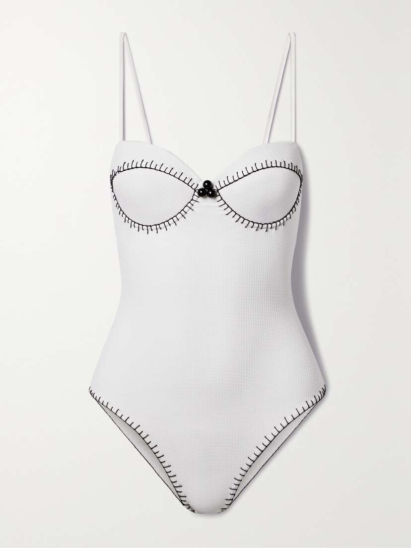 Marysia Salento Embellished Embroidered Seersucker Underwired Swimsuit