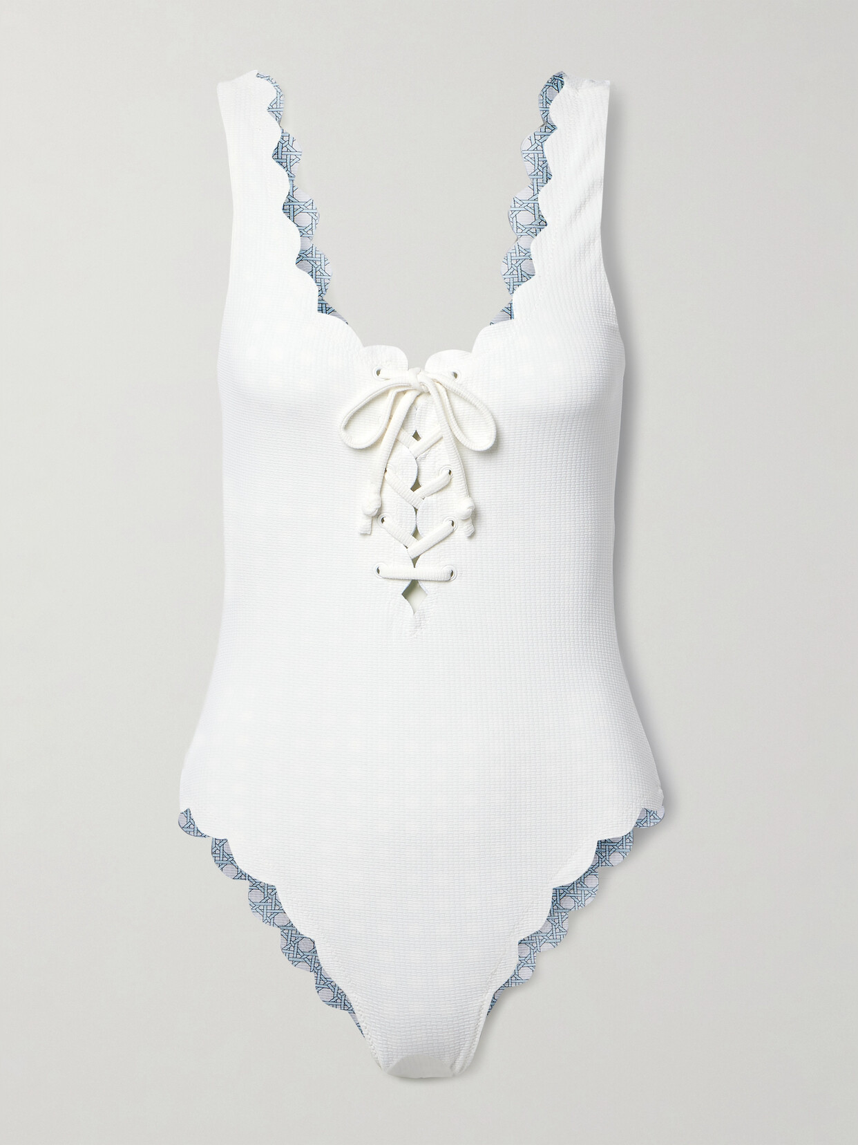 Marysia Palm Springs Reversible Lace-up Scalloped Seersucker Swimsuit In White