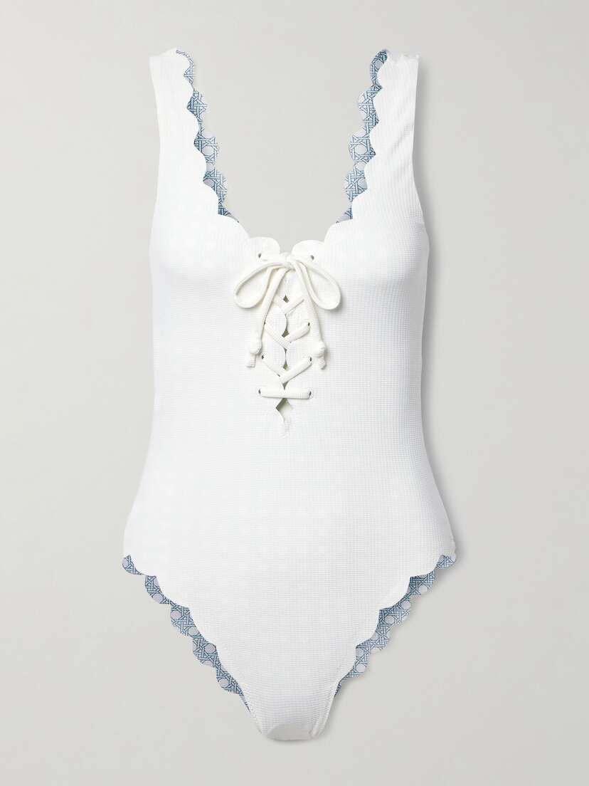 Marysia Palm Springs Reversible Lace-up Scalloped Seersucker Swimsuit