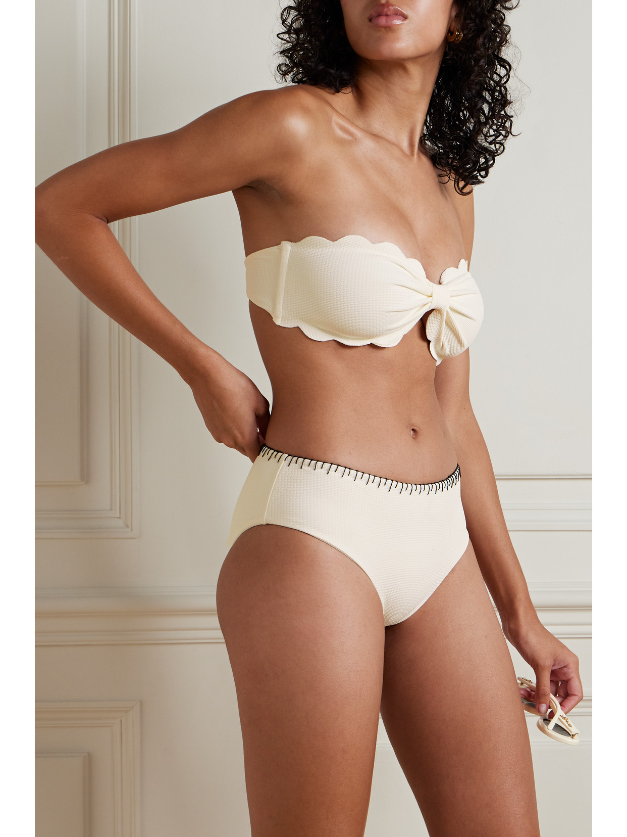 Marysia Barragan Embroidered Seersucker Bikini Briefs In White