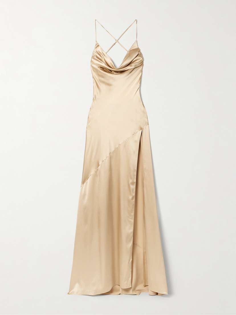 Retrofête Emery Crystal-embellished Draped Silk-blend Satin Gown