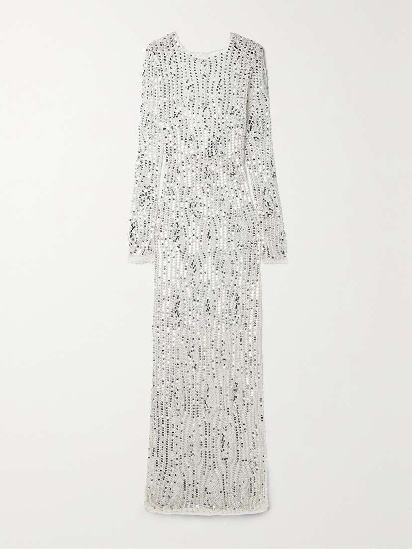 Retrofête Cherri Open-back Sequin-embellished Crocheted Maxi Dress