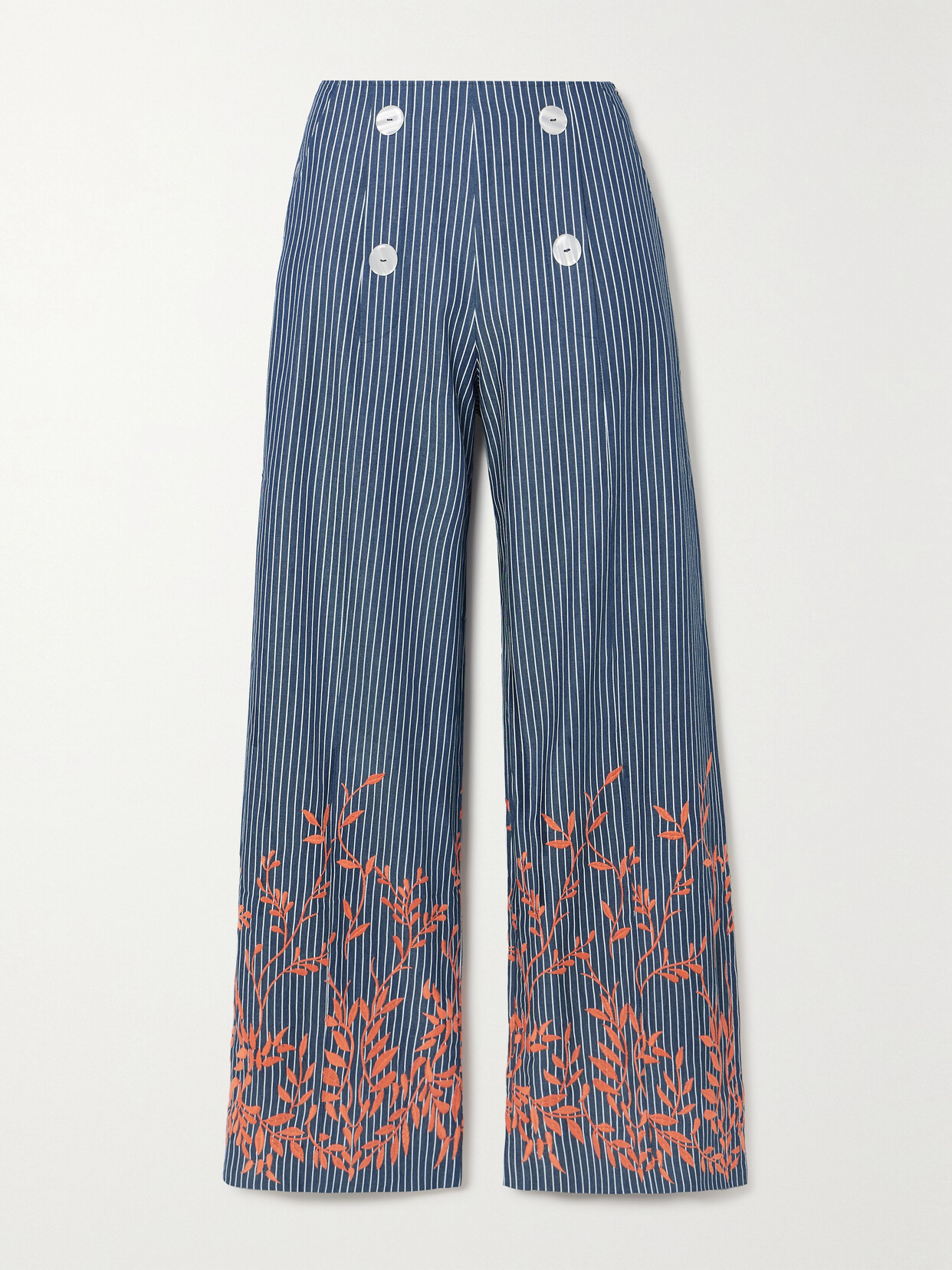 Loretta Caponi + Net Sustain Alicia Embroidered Striped Cotton-twill Straight-leg Pants In Red