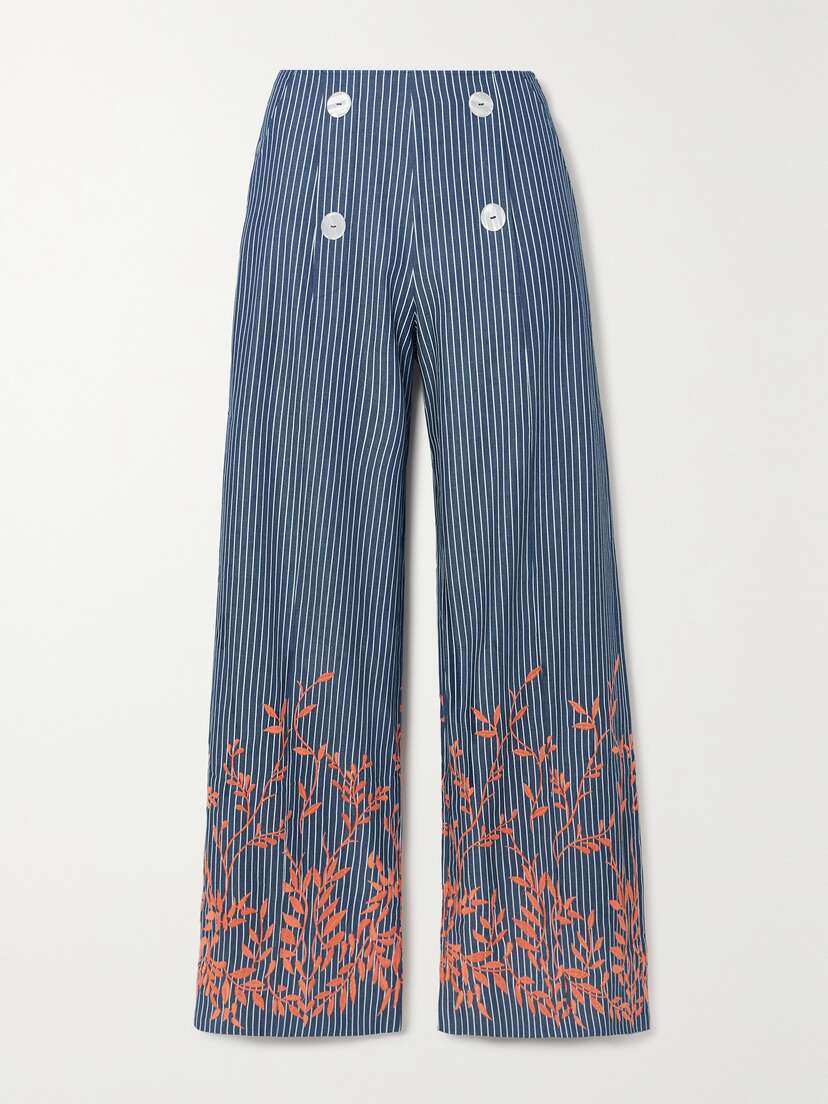 Loretta Caponi + Net Sustain Alicia Embroidered Striped Cotton-twill Straight-leg Pants