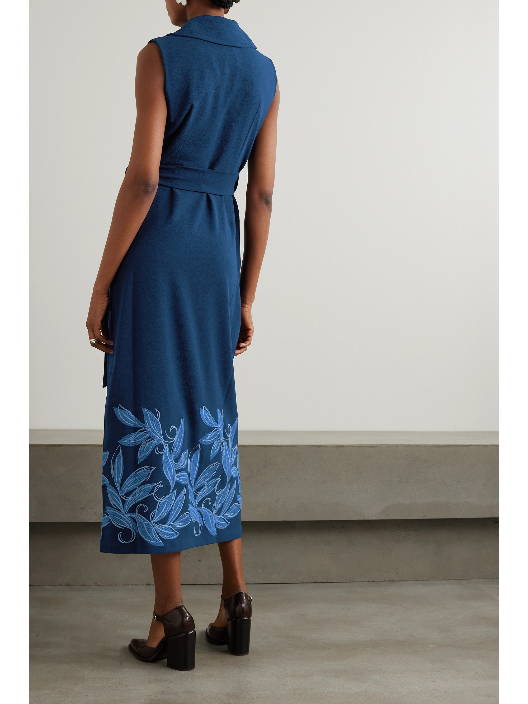 Loretta Caponi + NET SUSTAIN Noemi belted embroidered crepe midi dress thumbnail