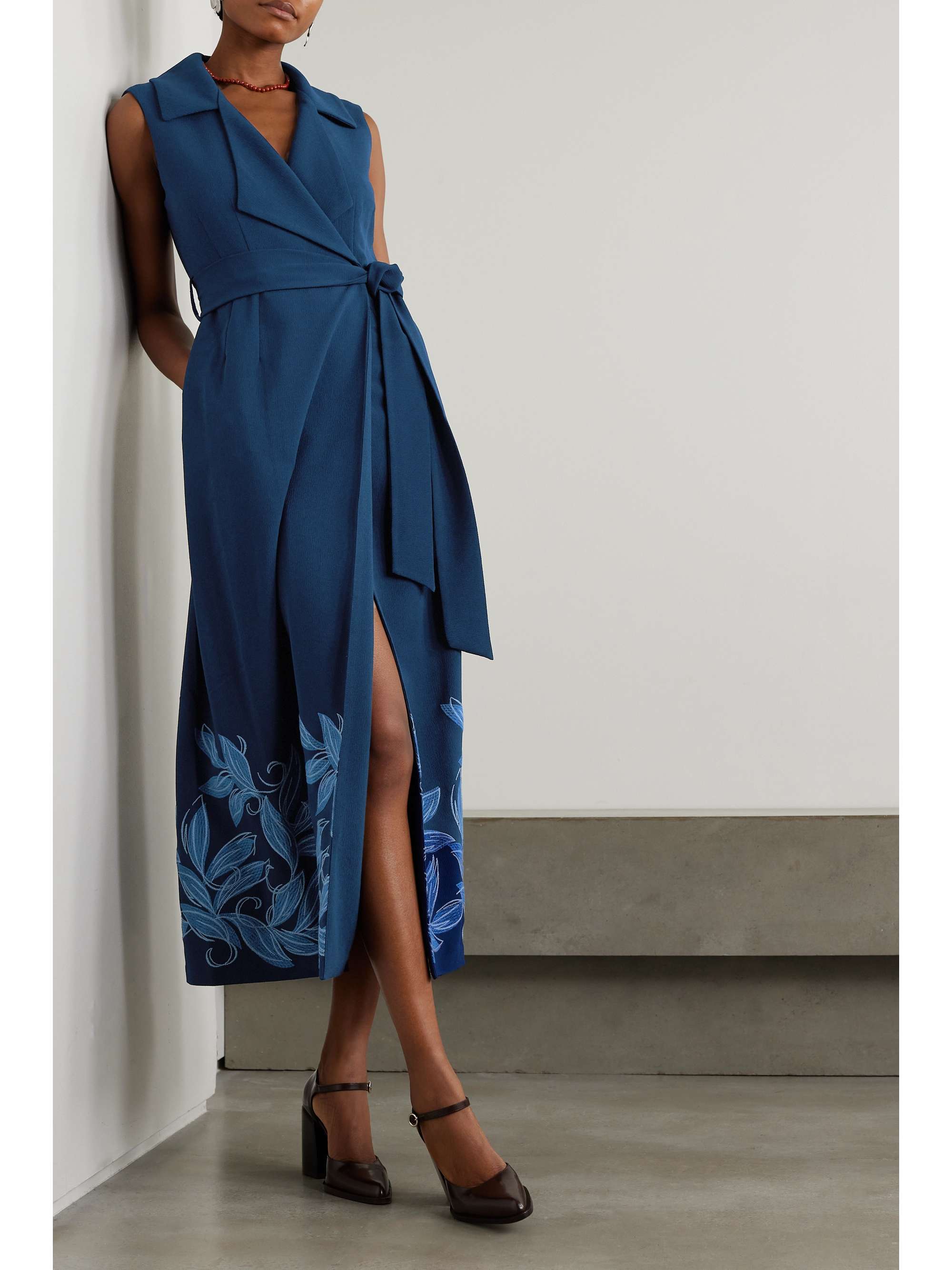 LORETTA CAPONI + NET SUSTAIN Noemi belted embroidered crepe midi dress