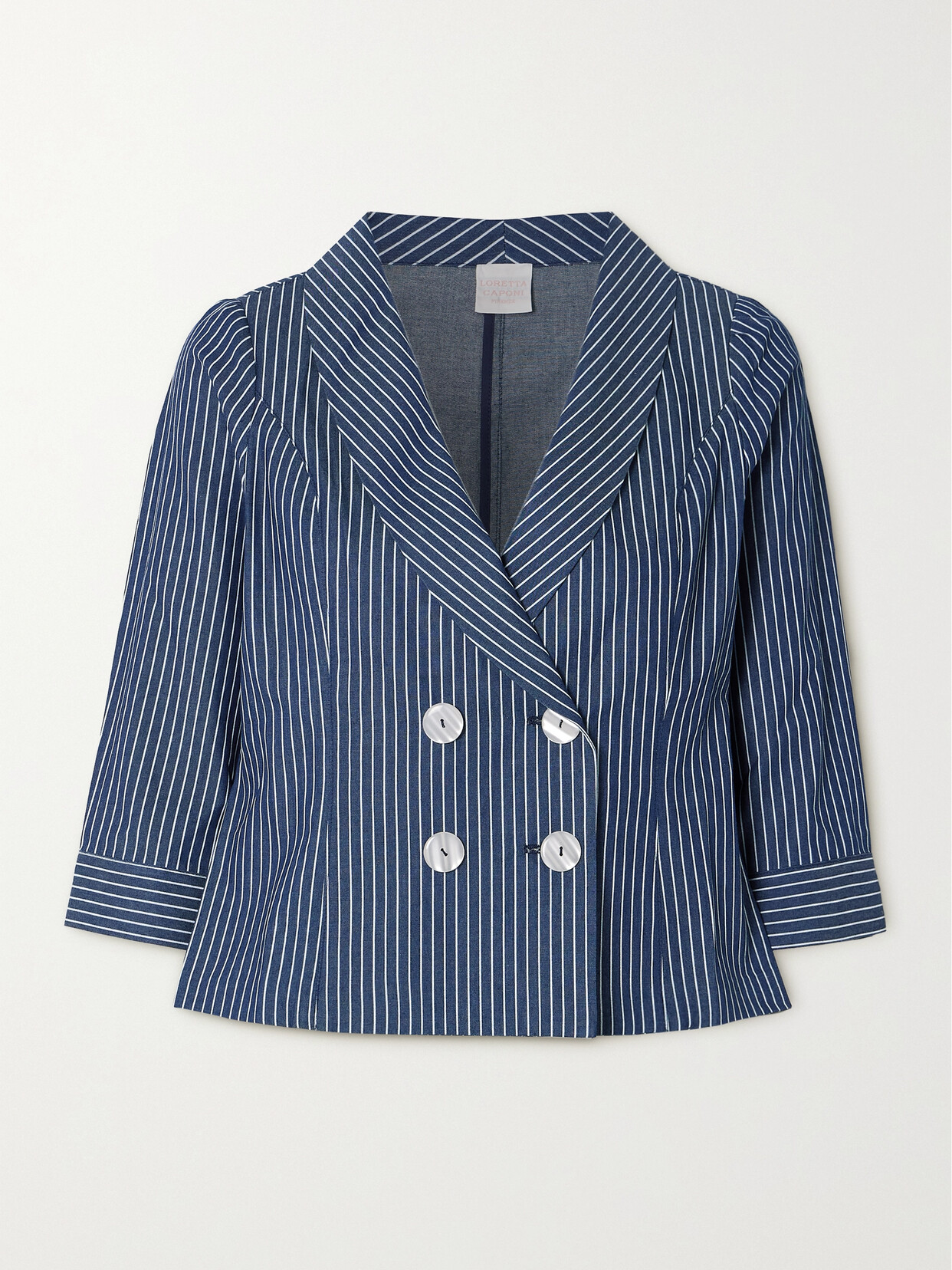 Loretta Caponi + Net Sustain Tilde Striped Double-breasted Cotton-twill Blazer In Blue