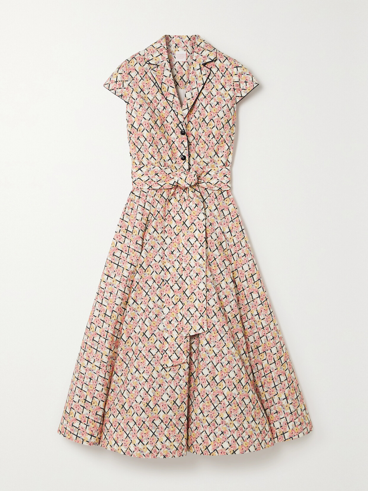 Shop Loretta Caponi + Net Sustain Zoe Belted Piped Floral-print Cotton-poplin Midi Dress In Pink