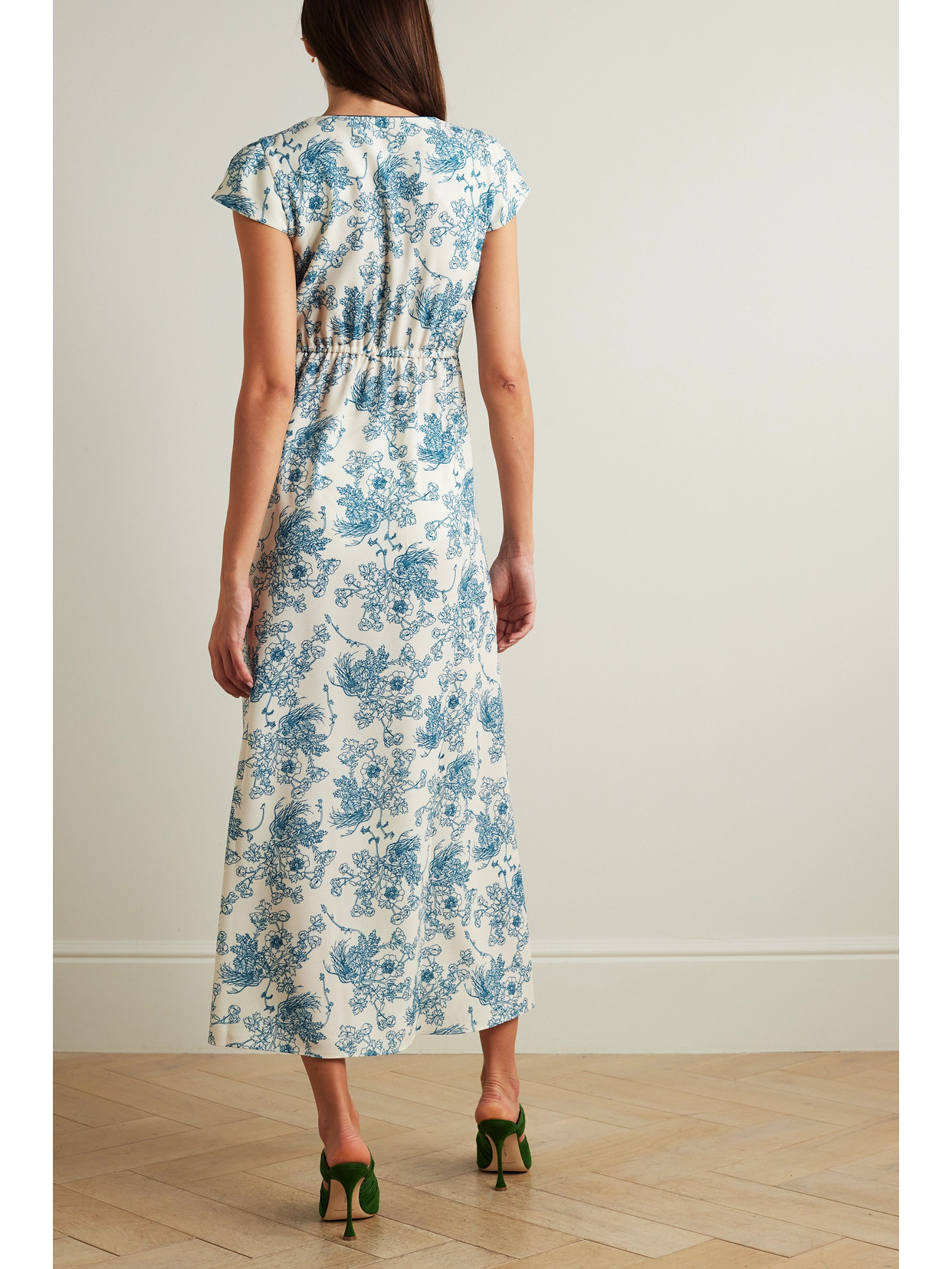 Shop Loretta Caponi + Net Sustain Diva Gathered Floral-print Crepe Midi Dress In Blue