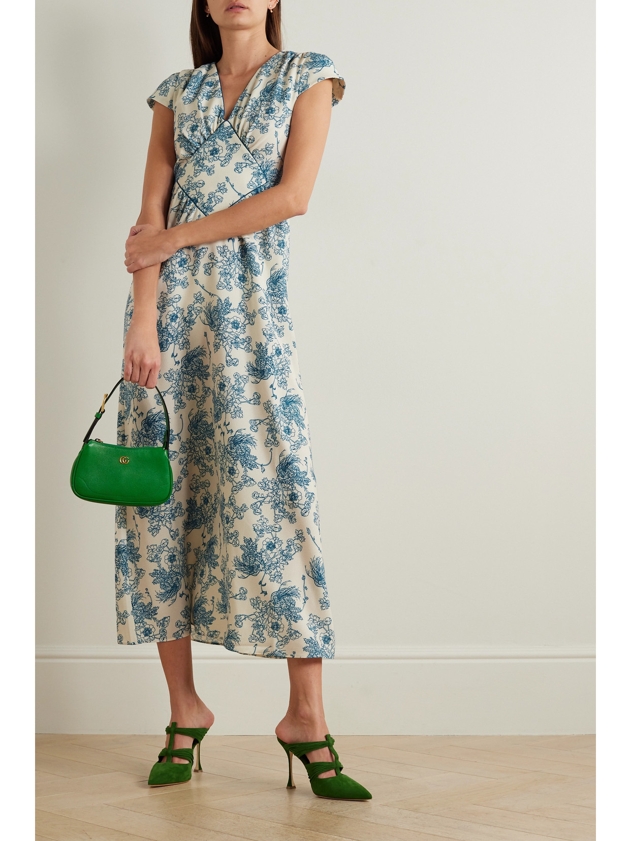 Shop Loretta Caponi + Net Sustain Diva Gathered Floral-print Crepe Midi Dress In Blue