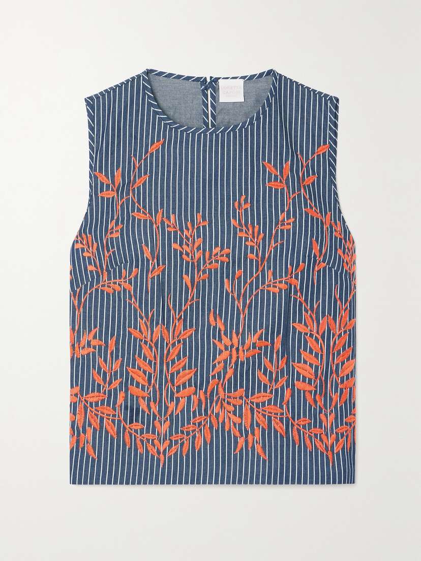 Loretta Caponi + Net Sustain Hilary Embroidered Striped Cotton-twill Tank - x large