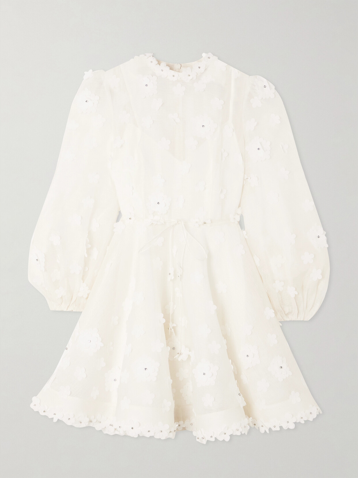 Zimmermann Matchmaker Liftoff Embellished Appliquéd Linen And Silk-blend Mini Dress - Ivory