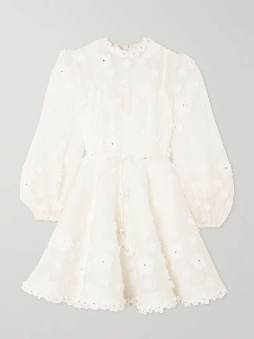 Zimmermann Matchmaker Liftoff Embellished Appliquéd Linen And Silk-blend Mini Dress