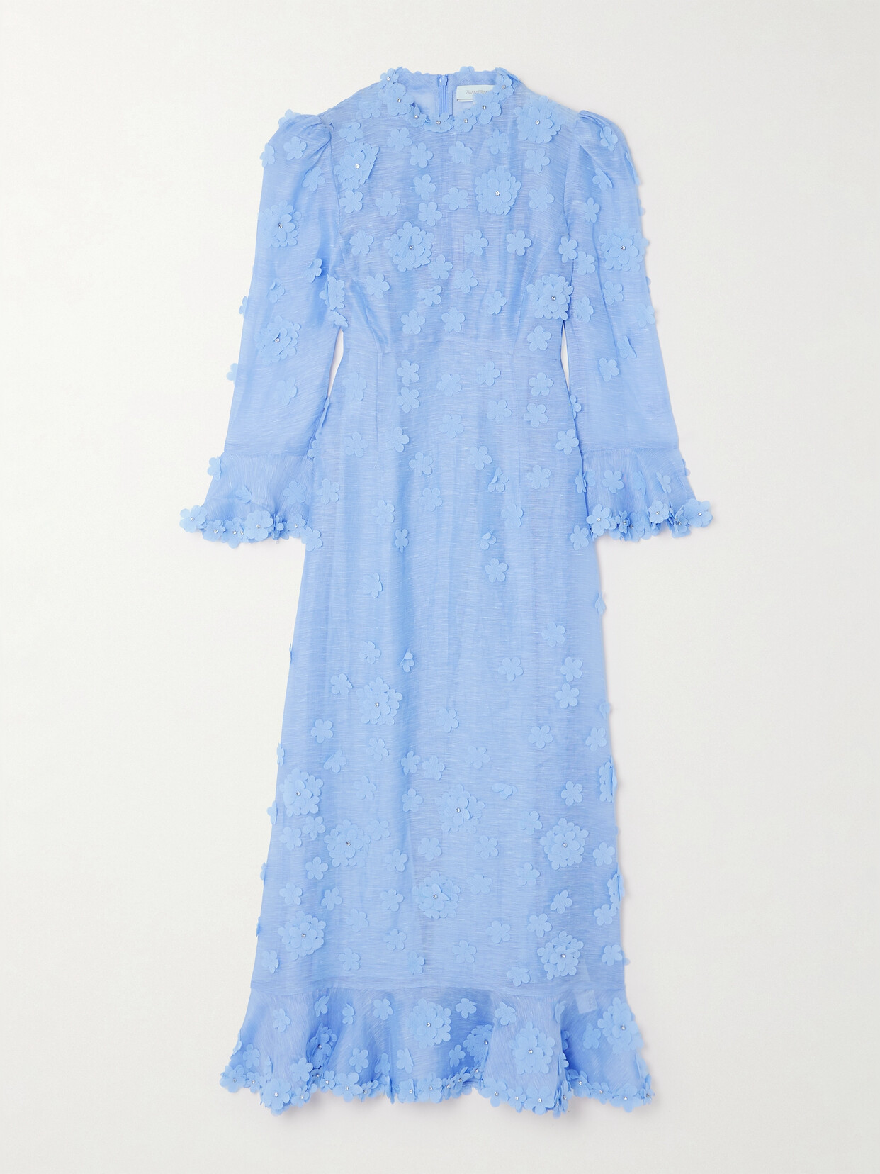 Shop Zimmermann Matchmaker Appliquéd Crystal-embellished Linen And Silk-blend Midi Dress In Blue