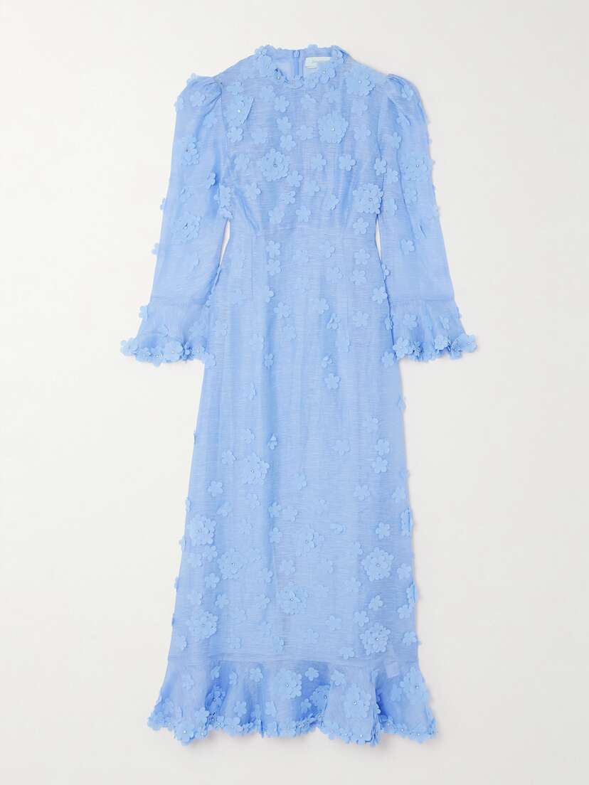 Zimmermann Matchmaker Appliquéd Crystal-embellished Linen And Silk-blend Midi Dress