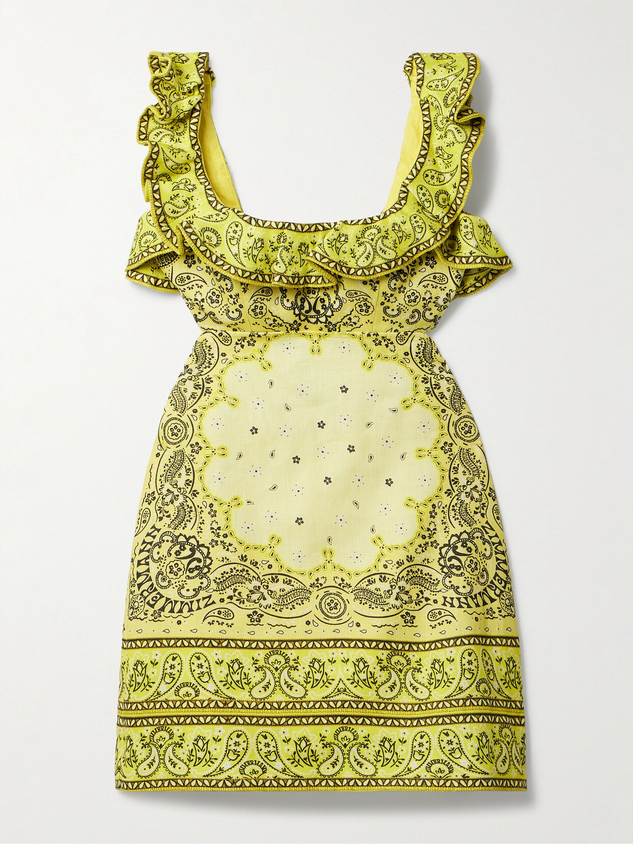 Zimmermann Matchmaker Cutout Ruffled Printed Linen Mini Dress In Yellow