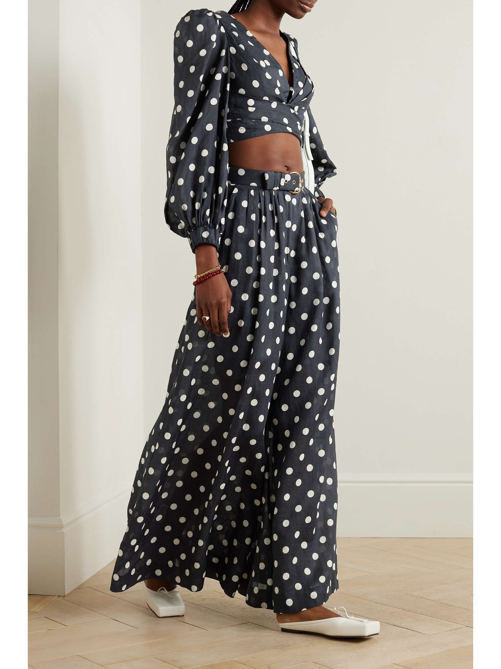 ZIMMERMANN Tuck belted polka-dot gauze wide-leg pants