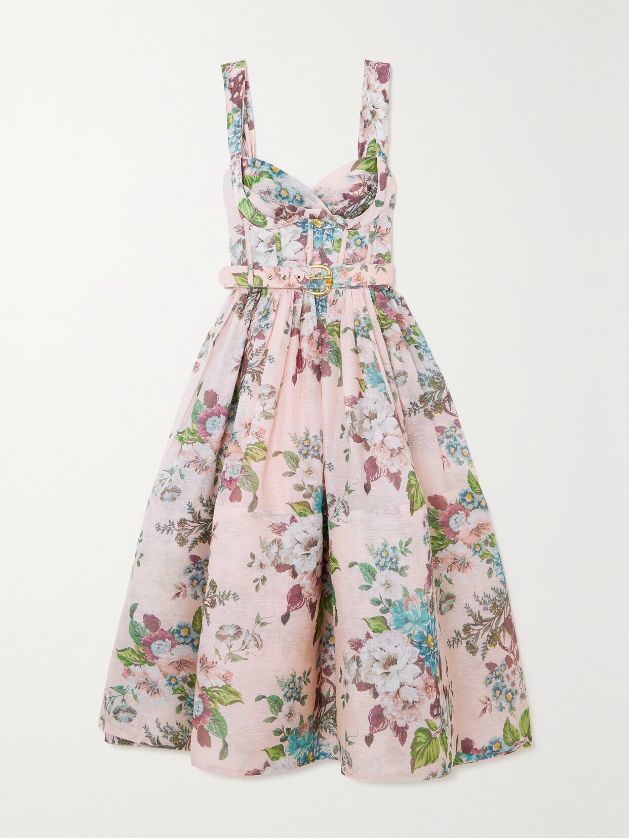 Zimmermann Matchmaker Belted Floral-print Linen And Silk-blend Midi Dress - Pink