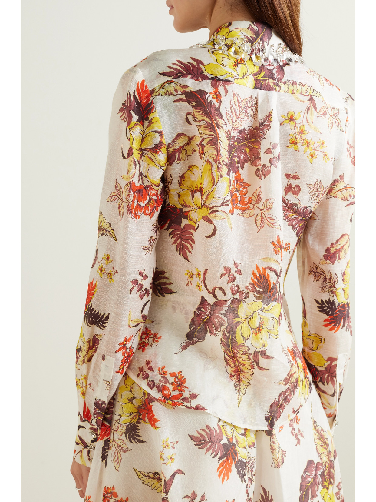 Shop Zimmermann Matchmaker Crystal-embellished Floral-print Linen And Silk-blend Shirt In Ivory