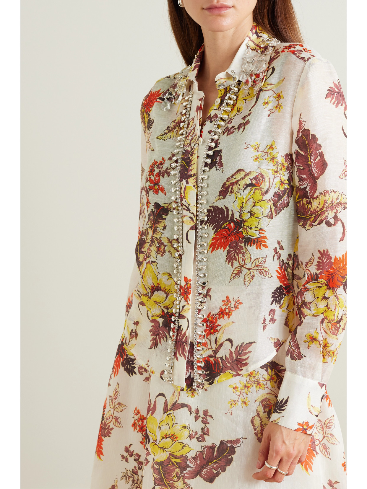 Shop Zimmermann Matchmaker Crystal-embellished Floral-print Linen And Silk-blend Shirt In Ivory