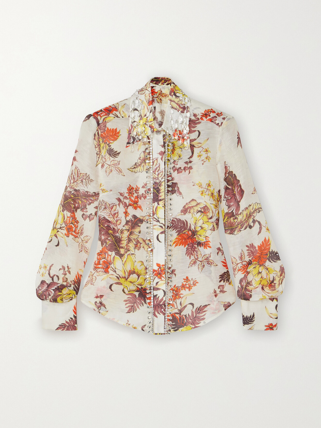 Shop Zimmermann Matchmaker Crystal-embellished Floral-print Linen And Silk-blend Shirt In Ivory