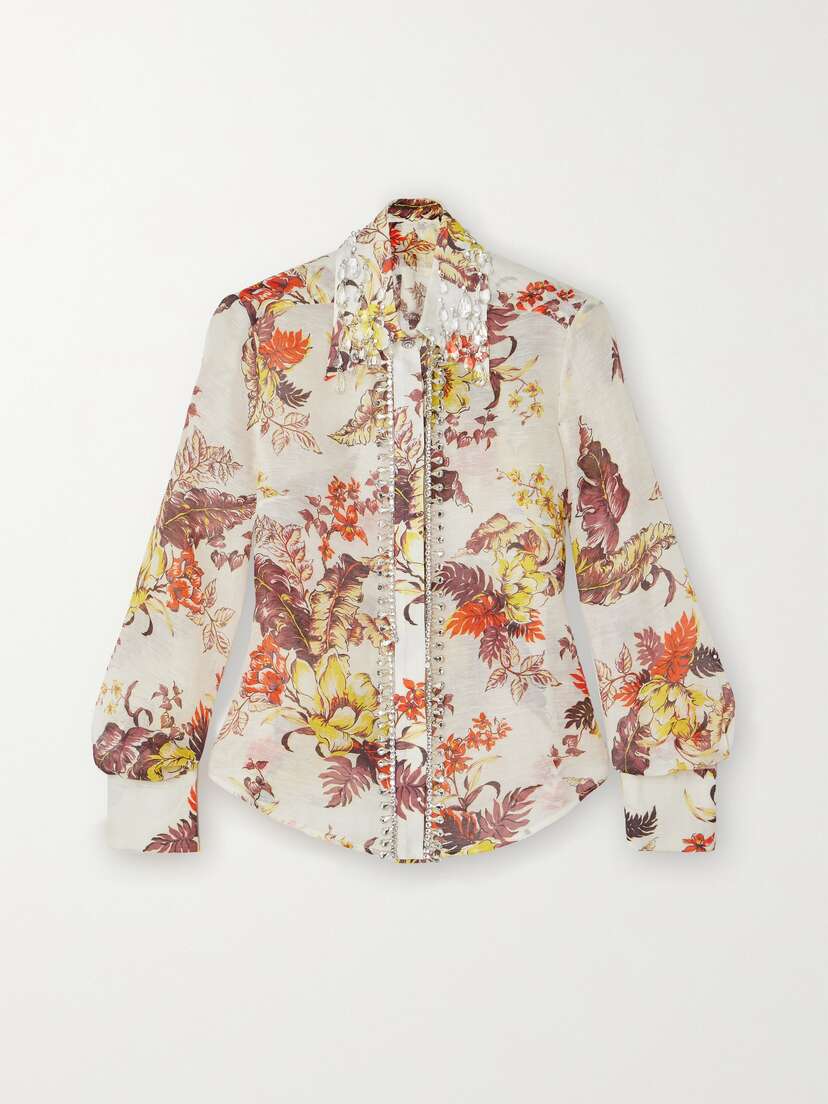 Zimmermann Matchmaker Crystal-embellished Floral-print Linen And Silk-blend Shirt