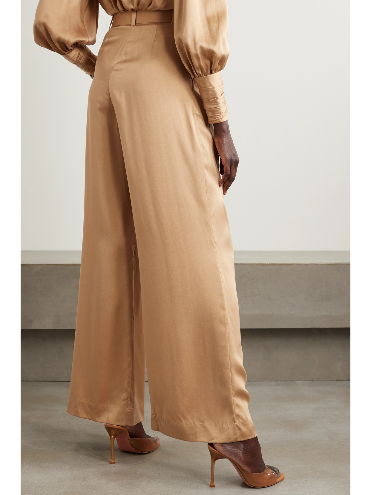 Shop Zimmermann Belted Pleated Silk-satin Wide-leg Pants In Neutrals