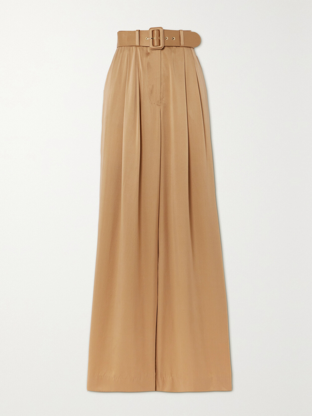 Zimmermann Belted Pleated Silk-satin Wide-leg Pants In Brown