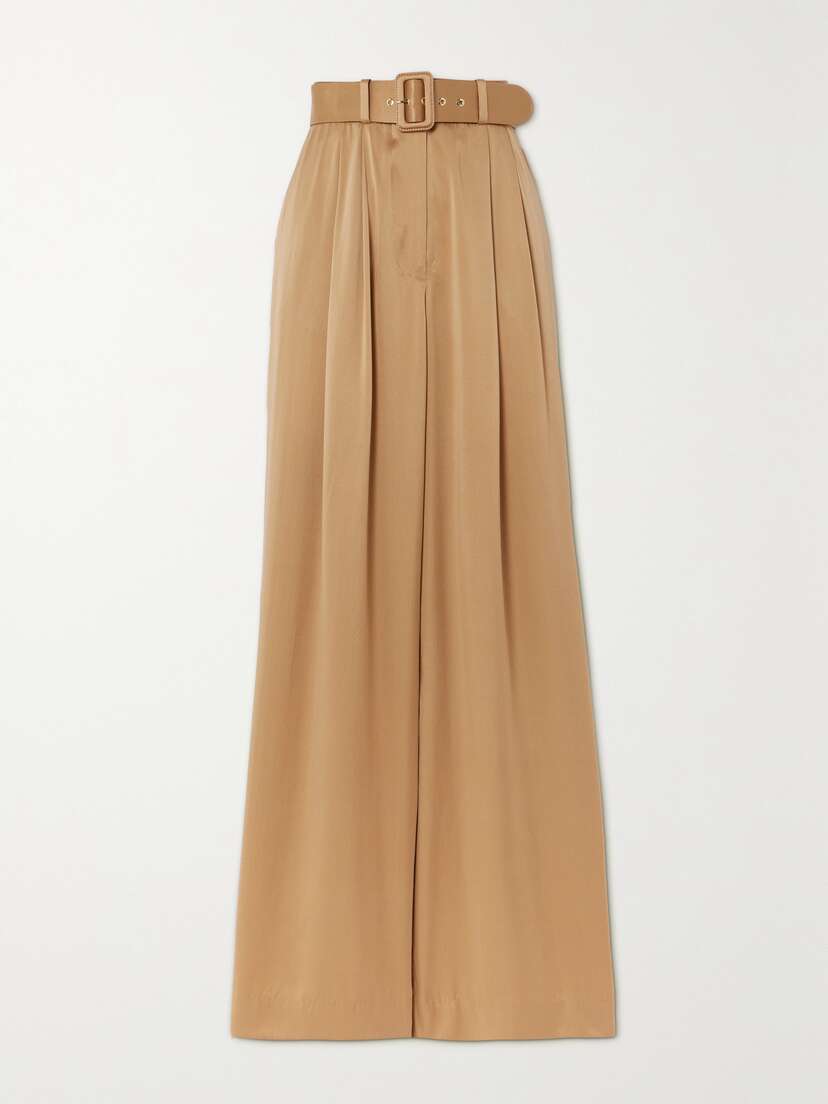 Zimmermann Belted Pleated Silk-satin Wide-leg Pants
